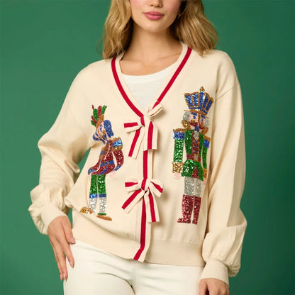 Xmas Sweaters- Sparkling Nutcracker Cardigan Holiday Christmas Top Limited Edition- Apricot- IndioGear Women Clothing