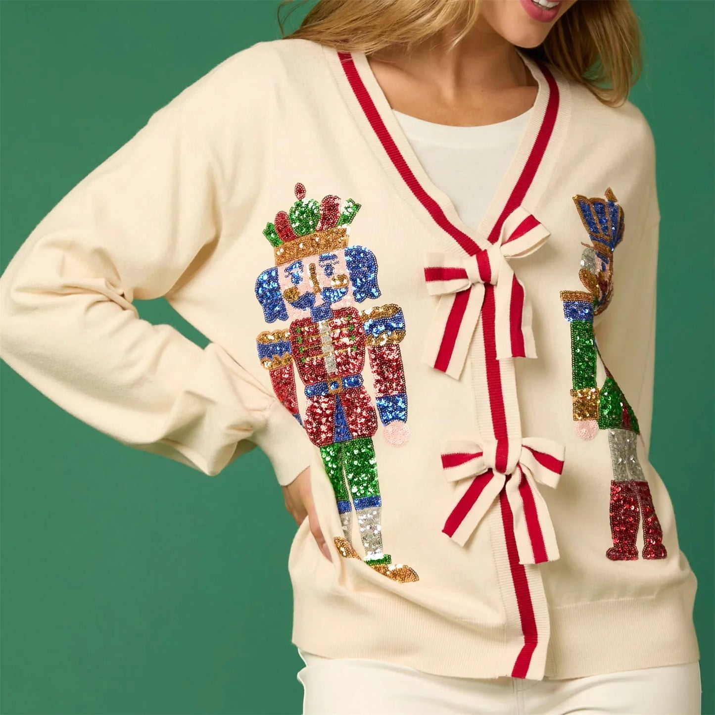 Xmas Sweaters- Sparkling Nutcracker Cardigan Holiday Christmas Top Limited Edition- - IndioGear Women Clothing