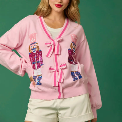 Xmas Sweaters- Sparkling Nutcracker Cardigan Holiday Christmas Top Limited Edition- Pink- IndioGear Women Clothing