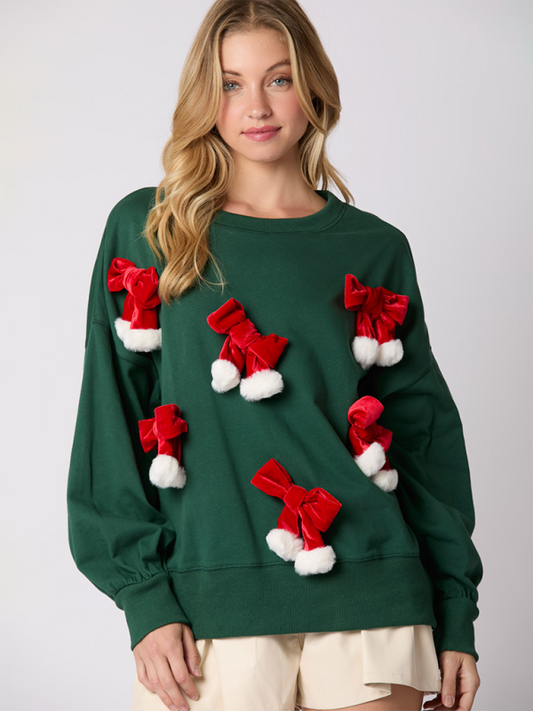 Xmas Sweatshirt- Christmas Sweatshirt Santa Hat Pullover for Women- Green black jasper- IndioGear Women Clothing