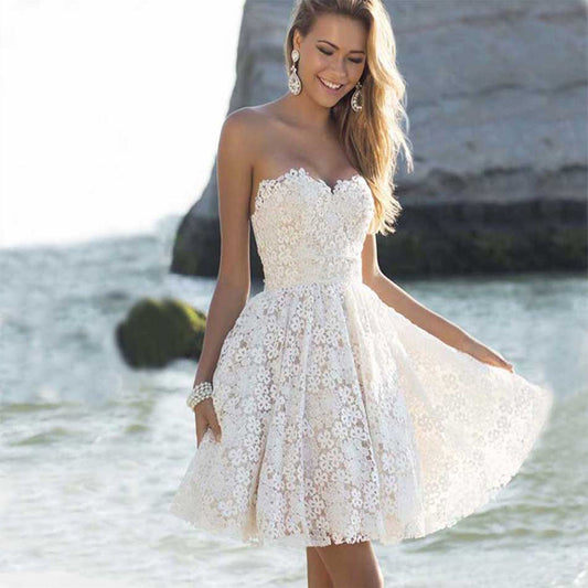 A-Line Dresses- Floral Lace Sweetheart-Neck Party Mini Dress- White- IndioGear Women Clothing