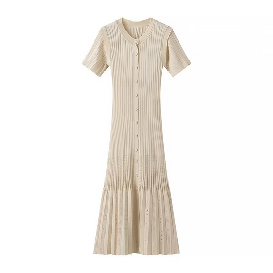 Midi Dresses- Ribbed Drop Waist Midi Dress Button Up Slim Fit- Cream- IndioGear.com