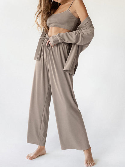 Loungewear Sets- Long Sleeves 3-Piece Loungewear Set – Beyond Luxury- Brown- IndioGear.com