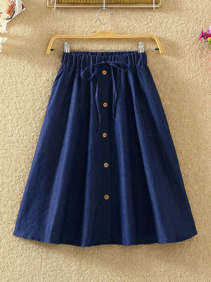 Denim Skirts- Elastic Waist Button-Down A-Line Denim Skirts – Perfect for Casual Outings- Purplish blue navy- IndioGear.com