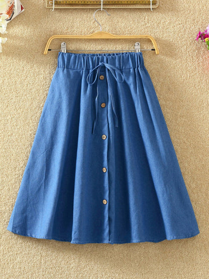 Denim Skirts- Elastic Waist Button-Down A-Line Denim Skirts – Perfect for Casual Outings- Clear blue- IndioGear.com