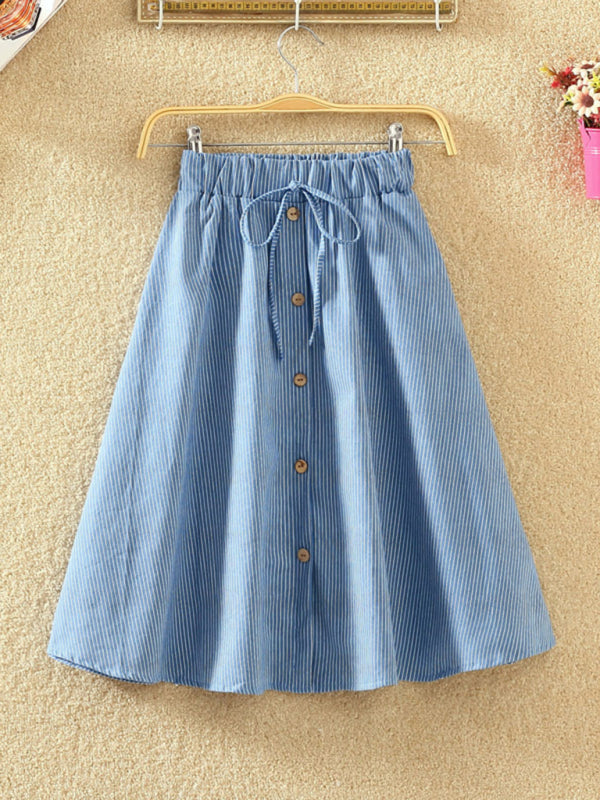 Denim Skirts- Elastic Waist Button-Down A-Line Denim Skirts – Perfect for Casual Outings- Pattern- IndioGear.com