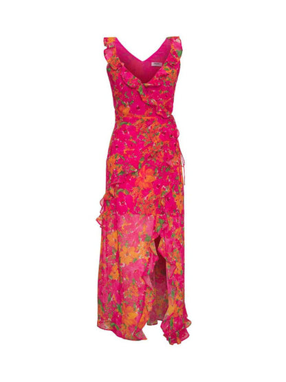 Maxi Dresses- Luxurious Floral Print & Ruffles V-Neck Midi Dress- - IndioGear.com