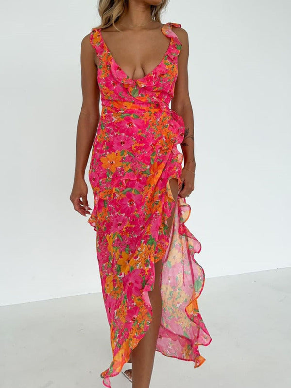 Maxi Dresses- Luxurious Floral Print & Ruffles V-Neck Midi Dress- Red- IndioGear.com