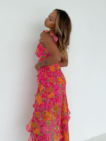 Maxi Dresses- Luxurious Floral Print & Ruffles V-Neck Midi Dress- - IndioGear.com