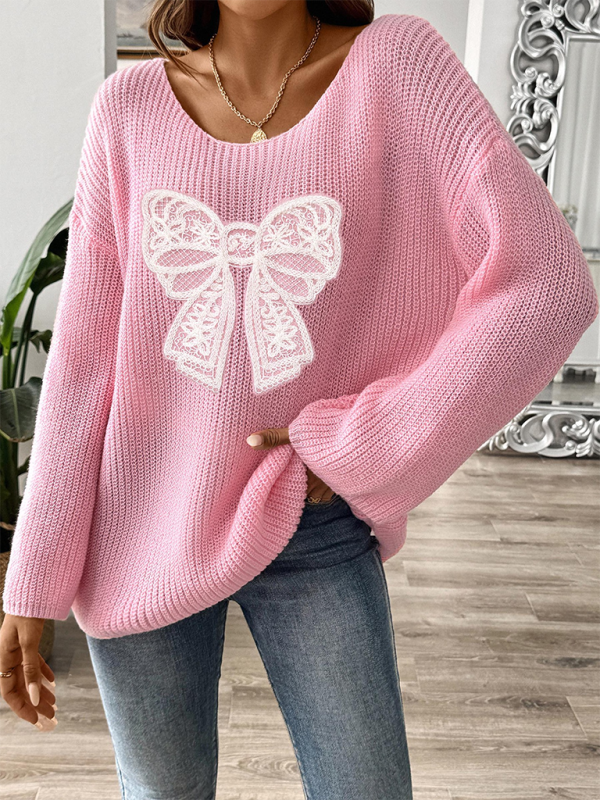 Sweaters- Oversized Pink Sweater with Lace Bow- - IndioGear.com