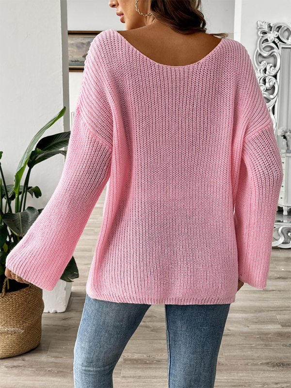 Sweaters- Oversized Pink Sweater with Lace Bow- - IndioGear.com