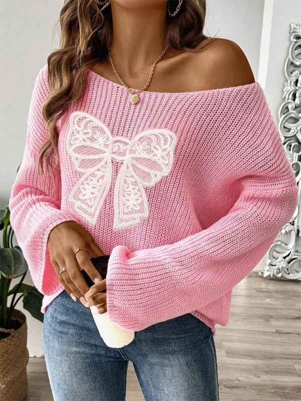 Sweaters- Oversized Pink Sweater with Lace Bow- Pink- IndioGear.com