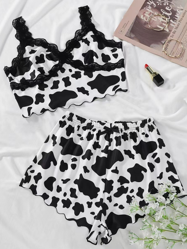 Pajamas Loungewear- Cow Print Lace Trim Camisole Pajama Set - Sleepwear- - IndioGear.com