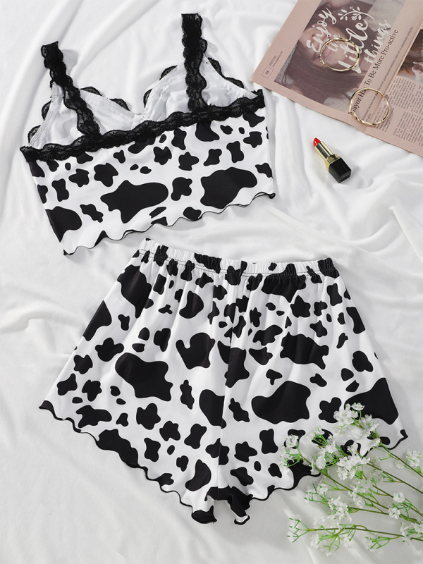 Pajamas Loungewear- Cow Print Lace Trim Camisole Pajama Set - Sleepwear- - IndioGear.com