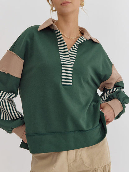 Pullover Tops- Bold Patchwork Inside Out Seams Pullover Tops- Green- IndioGear.com