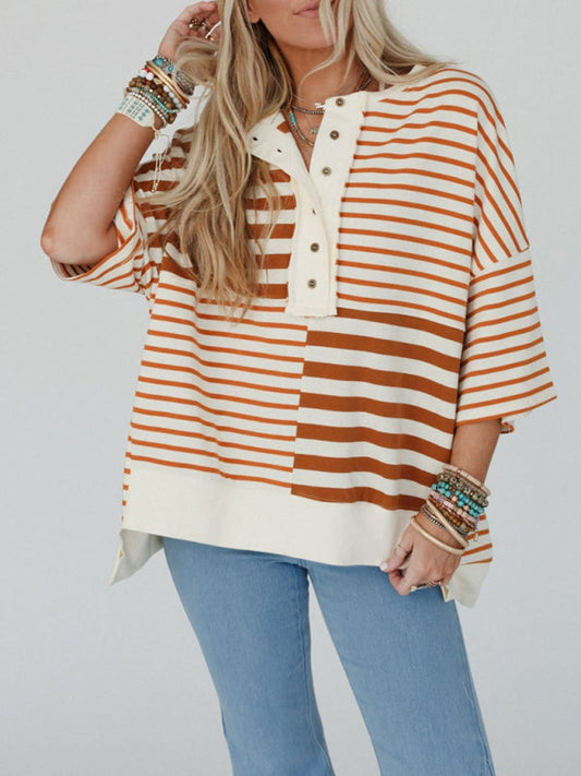 Oversize Tops- Oversized High-Low & Bold Stripes Half Button Up Pullover Top- Brown- IndioGear.com