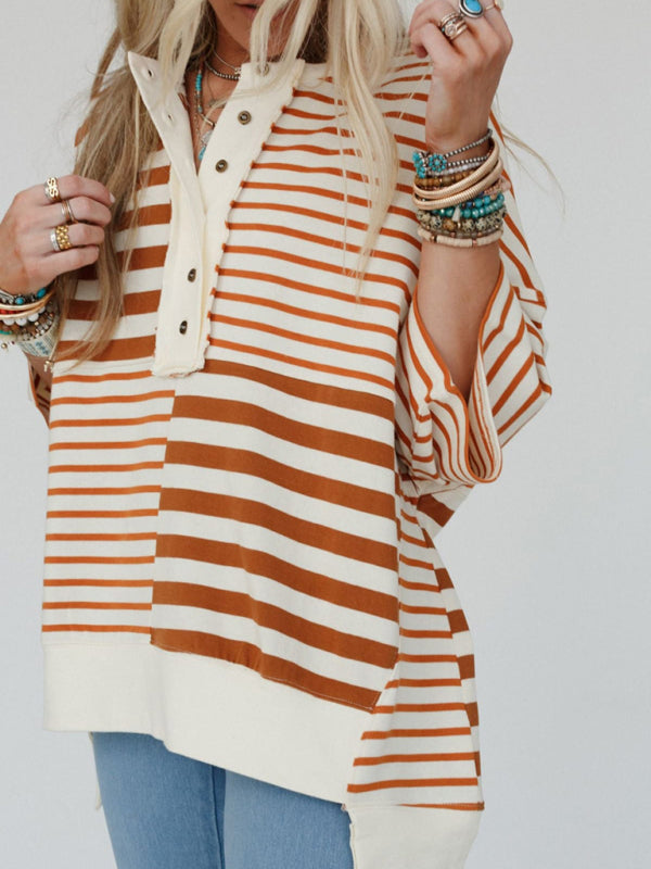 Oversize Tops- Oversized High-Low & Bold Stripes Half Button Up Pullover Top- - IndioGear.com