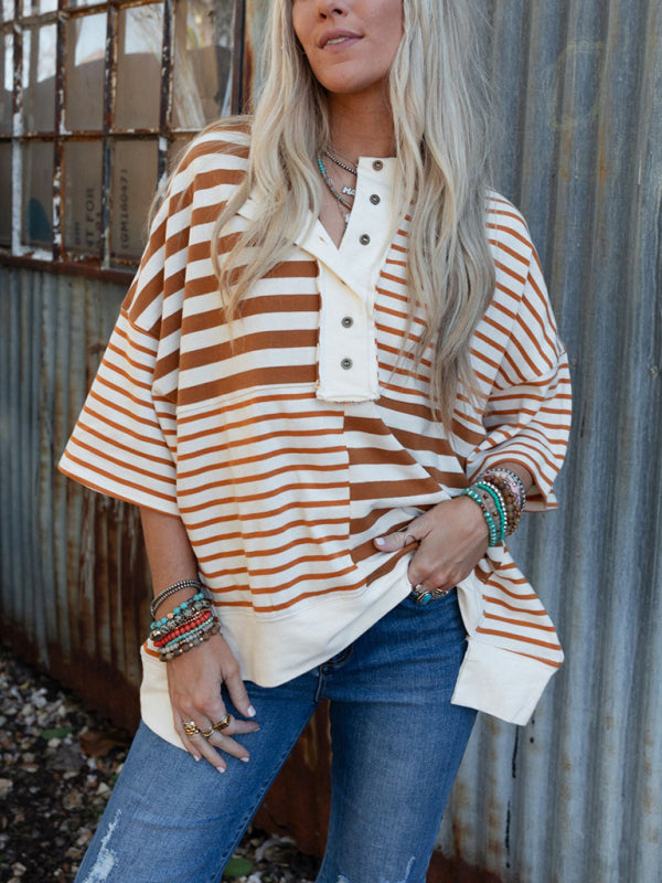 Oversize Tops- Oversized High-Low & Bold Stripes Half Button Up Pullover Top- - IndioGear.com