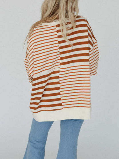 Oversize Tops- Oversized High-Low & Bold Stripes Half Button Up Pullover Top- - IndioGear.com