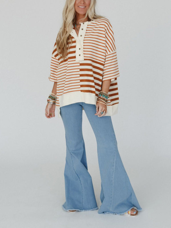 Oversize Tops- Oversized High-Low & Bold Stripes Half Button Up Pullover Top- - IndioGear.com