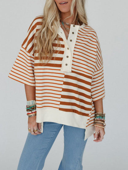 Oversize Tops- Oversized High-Low & Bold Stripes Half Button Up Pullover Top- - IndioGear.com