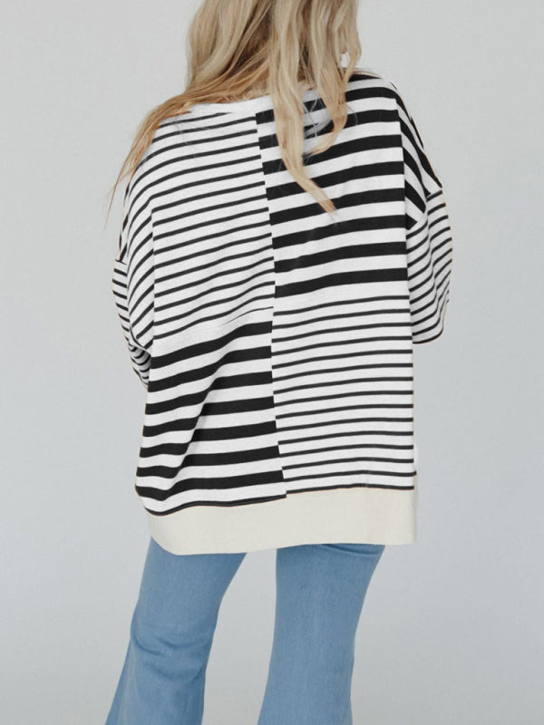 Oversize Tops- Oversized High-Low & Bold Stripes Half Button Up Pullover Top- - IndioGear.com