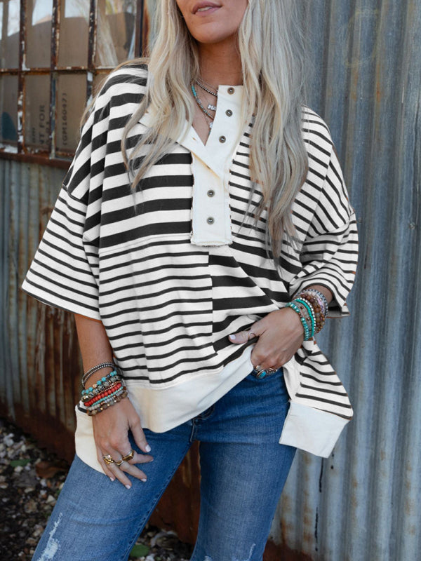 Oversize Tops- Oversized High-Low & Bold Stripes Half Button Up Pullover Top- - IndioGear.com