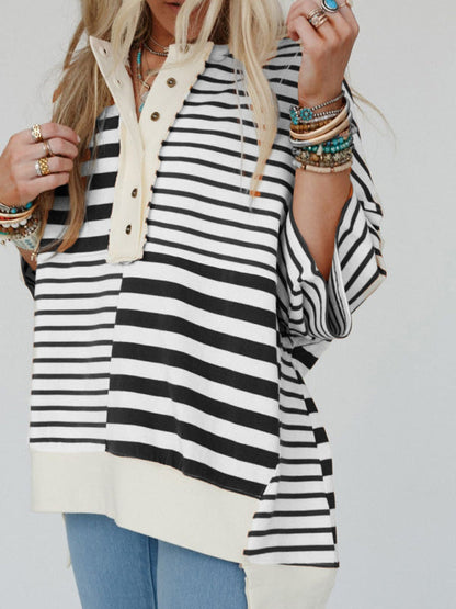 Oversize Tops- Oversized High-Low & Bold Stripes Half Button Up Pullover Top- - IndioGear.com