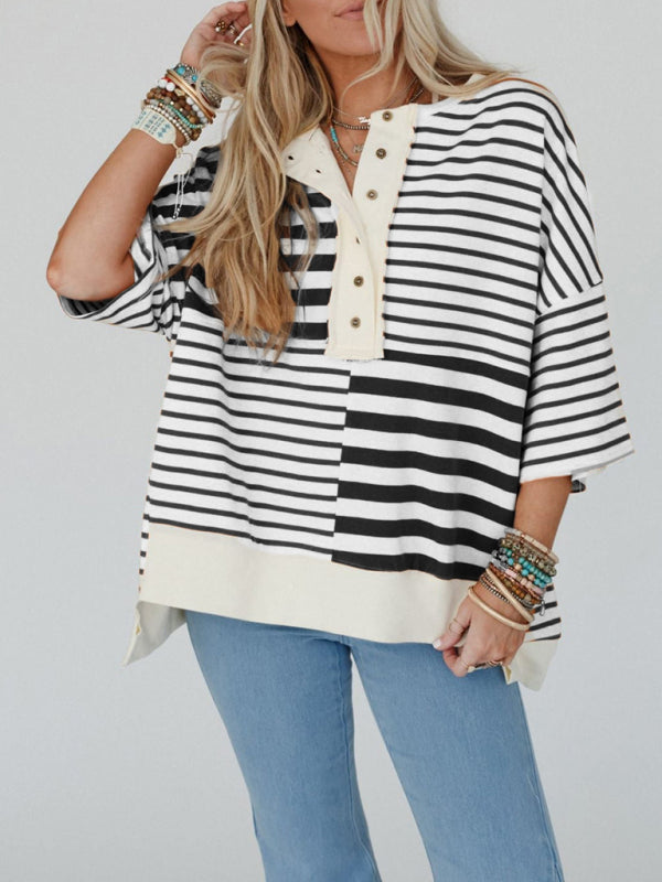 Oversize Tops- Oversized High-Low & Bold Stripes Half Button Up Pullover Top- Black- IndioGear.com