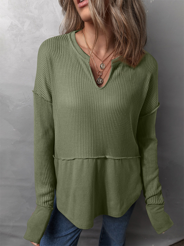 Pullover Tops- Waffle Knit & Solid Patchwork Casual Pullover Top- Olive green- IndioGear.com