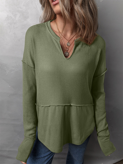 Pullover Tops- Waffle Knit & Solid Patchwork Casual Pullover Top- Olive green- IndioGear.com