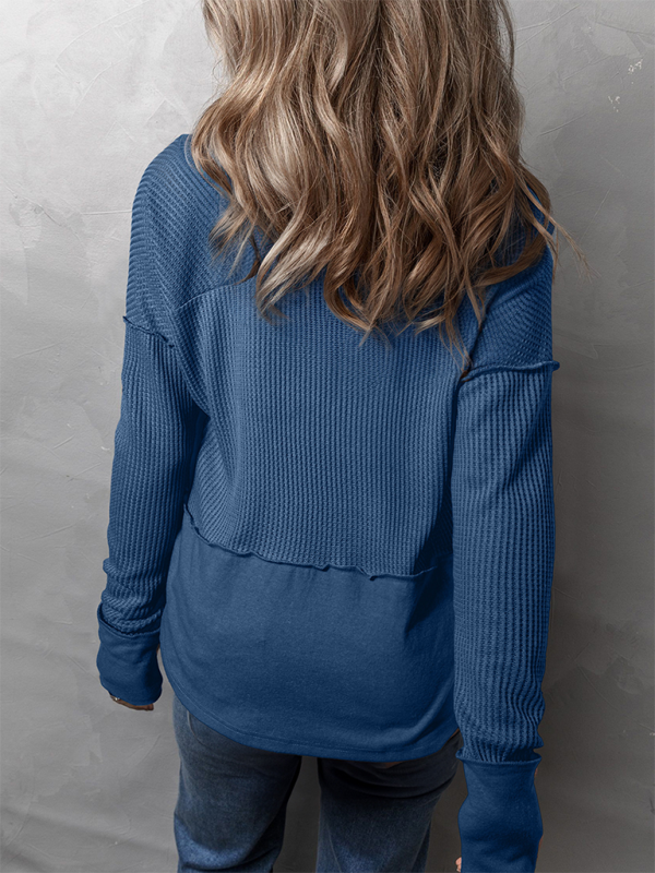 Pullover Tops- Waffle Knit & Solid Patchwork Casual Pullover Top- - IndioGear.com