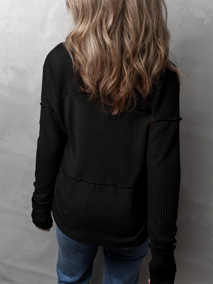 Pullover Tops- Waffle Knit & Solid Patchwork Casual Pullover Top- - IndioGear.com