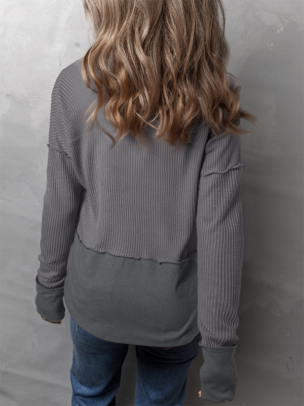 Pullover Tops- Waffle Knit & Solid Patchwork Casual Pullover Top- - IndioGear.com