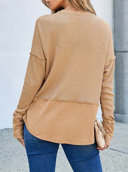 Pullover Tops- Waffle Knit & Solid Patchwork Casual Pullover Top- - IndioGear.com