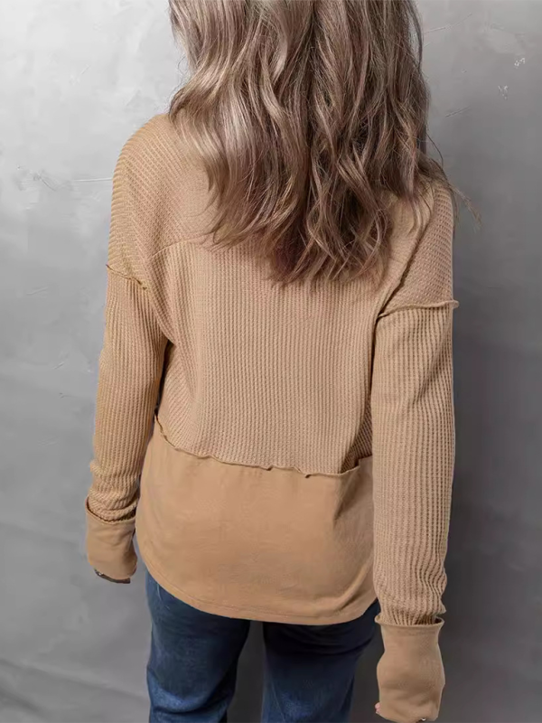 Pullover Tops- Waffle Knit & Solid Patchwork Casual Pullover Top- - IndioGear.com