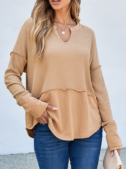 Pullover Tops- Waffle Knit & Solid Patchwork Casual Pullover Top- - IndioGear.com