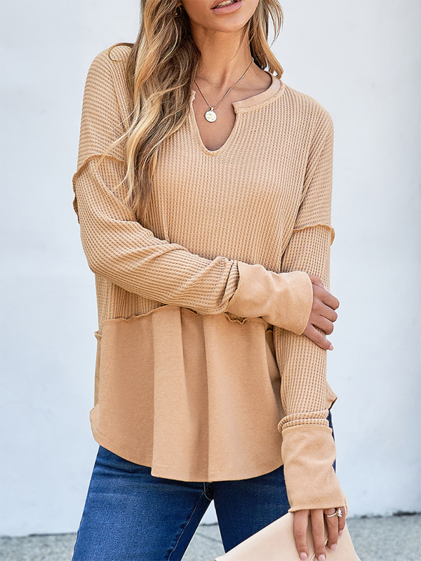 Pullover Tops- Waffle Knit & Solid Patchwork Casual Pullover Top- - IndioGear.com