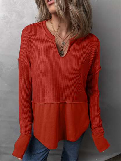 Pullover Tops- Waffle Knit & Solid Patchwork Casual Pullover Top- Red- IndioGear.com