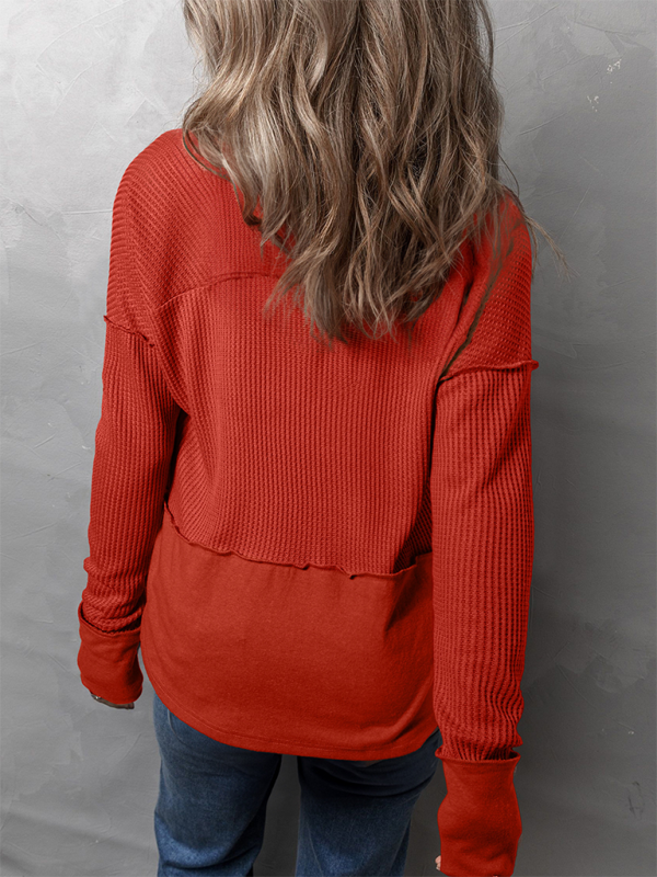 Pullover Tops- Waffle Knit & Solid Patchwork Casual Pullover Top- - IndioGear.com