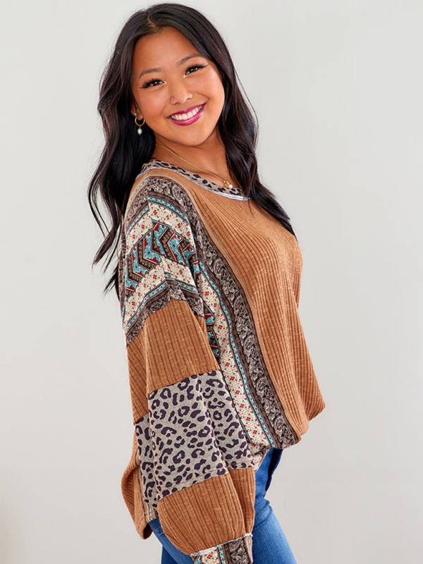 Oversized Tops- Oversized Casual Bohemian Top with Print Patchwork- - IndioGear.com