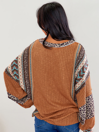 Oversized Tops- Oversized Casual Bohemian Top with Print Patchwork- - IndioGear.com