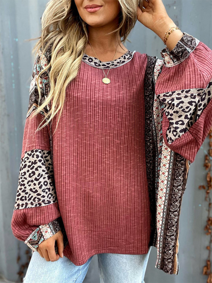 Oversized Tops- Oversized Casual Bohemian Top with Print Patchwork- - IndioGear.com