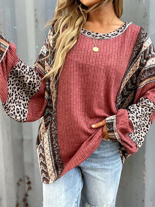 Oversized Tops- Oversized Casual Bohemian Top with Print Patchwork- Wine Red- IndioGear.com