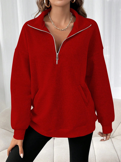 Sweatshirts- Drop Shoulders Half Zip Classic Sweatshirt- Red- IndioGear.com