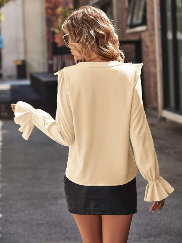 Blouses- Ruffled V-neck & Poet Sleeves Fancy Blouse- - IndioGear.com