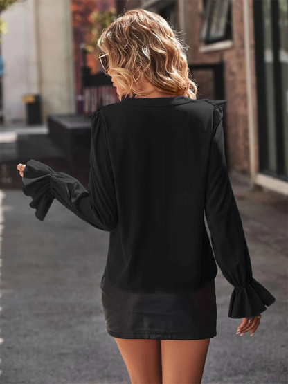 Blouses- Ruffled V-neck & Poet Sleeves Fancy Blouse- - IndioGear.com