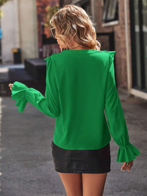 Blouses- Ruffled V-neck & Poet Sleeves Fancy Blouse- - IndioGear.com