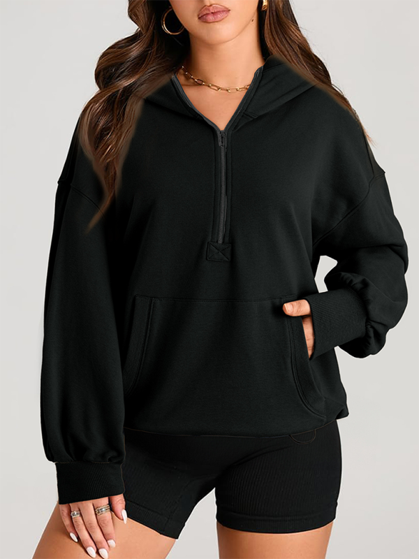 Sweatshirt Hoodies- Classic Solid Long Sleeve Half Zippered Hoodie Modern Colors- Black- IndioGear.com