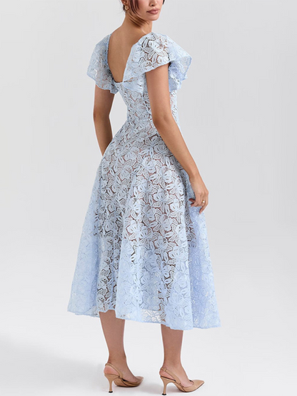 Midi Dresses- Sweetheart Lace Midi Dress with Inner Lining and Ruffle Sleeves- - IndioGear.com